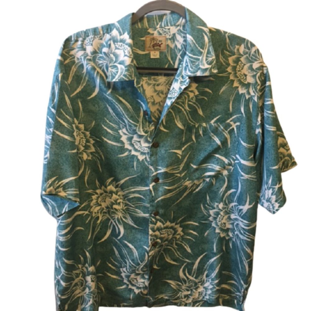 Red Turtle Hawaiian Shirt Silk Teal White Medium